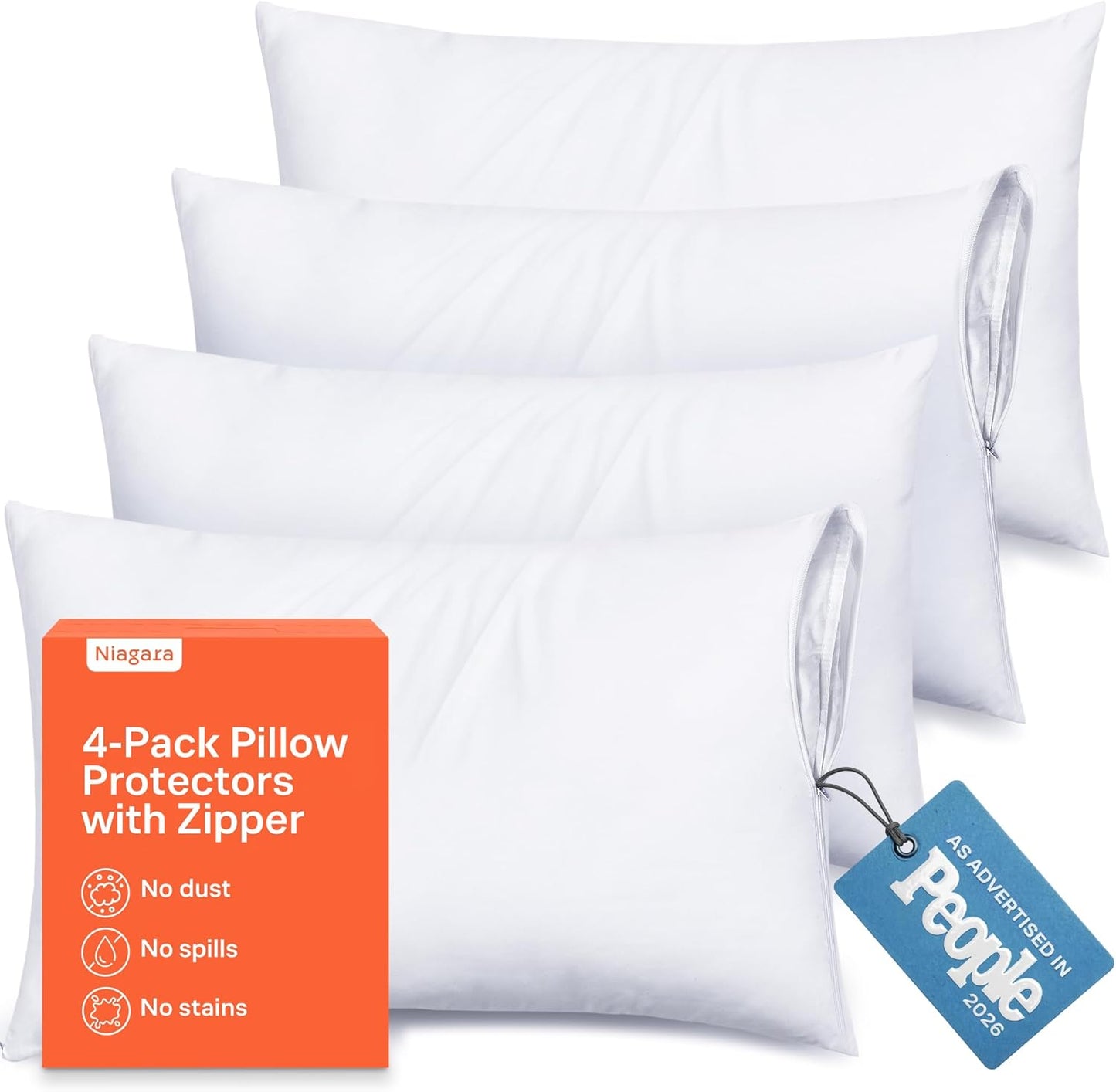 Ultra Soft Pillow Protectors with Zipper Standard Size - Set of 8 Breathable Pillow Covers - 100% Protection Against Stains, Dust & Dirt - Machine Washable (White)