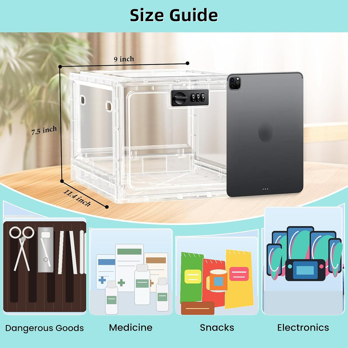 HOLYHY Medication Lock Box with Code, 10 Qt Large Medicine Lock Box for Medication, Clear Lockable Storage Box for Pills, Vitamins, Snacks, Phones, Fridge, Pantry, Dorm, Office and Home