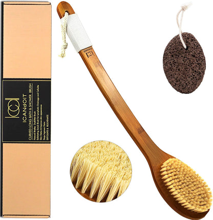 ICANdOIT-17.71Inch Natural Boar Bristles Anti-Slip Long Handle Bath Brush,Bent Handle Shower Scrubber for Exfoliating,Shower Back Brush,Exfoliation Set with Pumice Stone (1 Pack)
