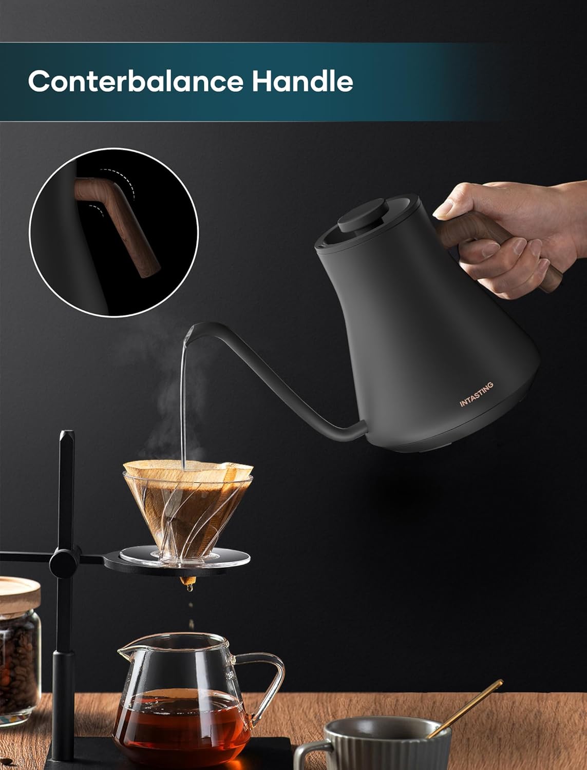 INTASTING Electric Kettles, Gooseneck Electric Kettle, ±1℉ Temperature Control, Stainless Steel Inner, Quick Heating, for Pour Over Coffee, Brew Tea, Boil Hot Water, 0.9L Black