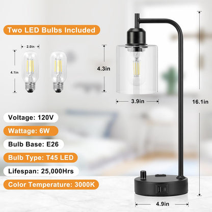 Industrial Table Lamps for Bedrooms Set of 2 - Fully Dimmable Bedside Lamps with USB A and C Ports and Outlet, Black Nightstand Lamps with Glass Shade for Living Room, Desk Lamps for Office Reading