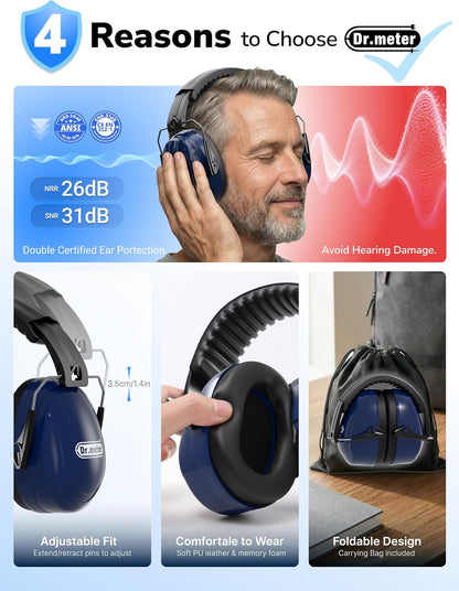 Dr.meter Ear Protection Ear Muffs, Noise Cancelling Headphones for Adults Kids 31dB Earmuffs for Noise Reduction, Hearing Protection for Shooting Gun Range, Mowing, Monster Jam, Sensory, Fireworks