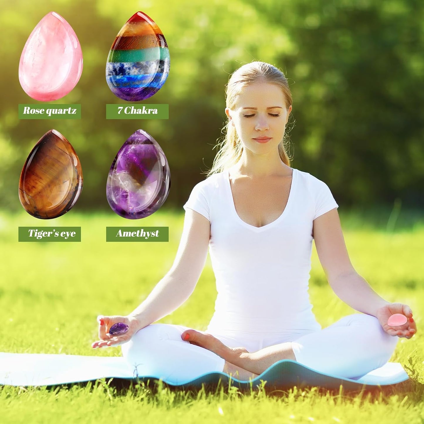 Roowest 4 Pcs Thumb Worry Stone for Anxiety Natural Crystal Healing Stone Chakras Amethyst Tiger Eye Quartz Pocket Hug Gift for Office Stress Meditation(Chromashift,Oval)