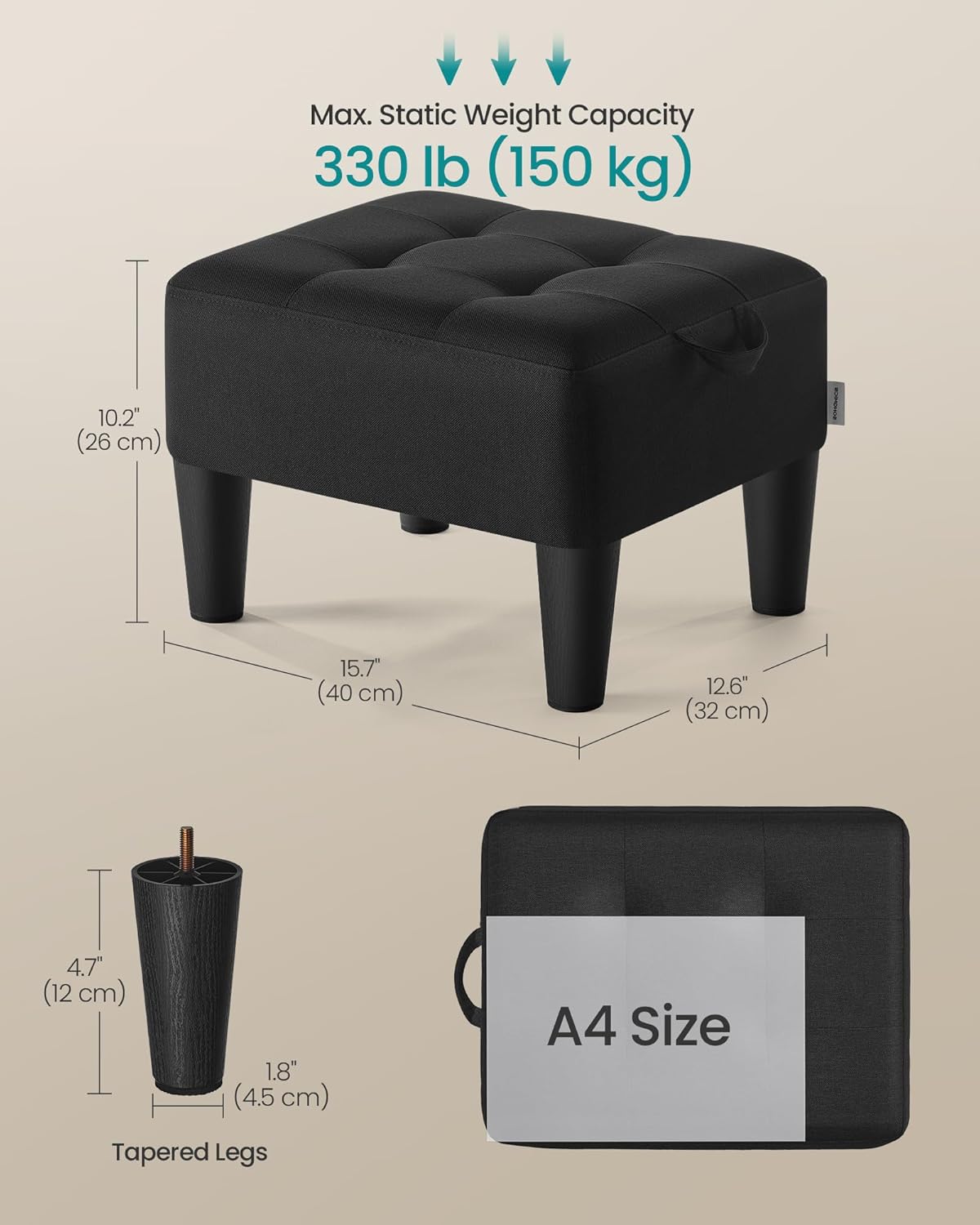SONGMICS Foot Stool with Legs, Small Footstool Ottoman, Linen-Look Fabric Seat with Thick Cushion, for Living Room, Bedroom, Entryway, 330 lb Weight Capacity, Dark Gray ULOM502G01