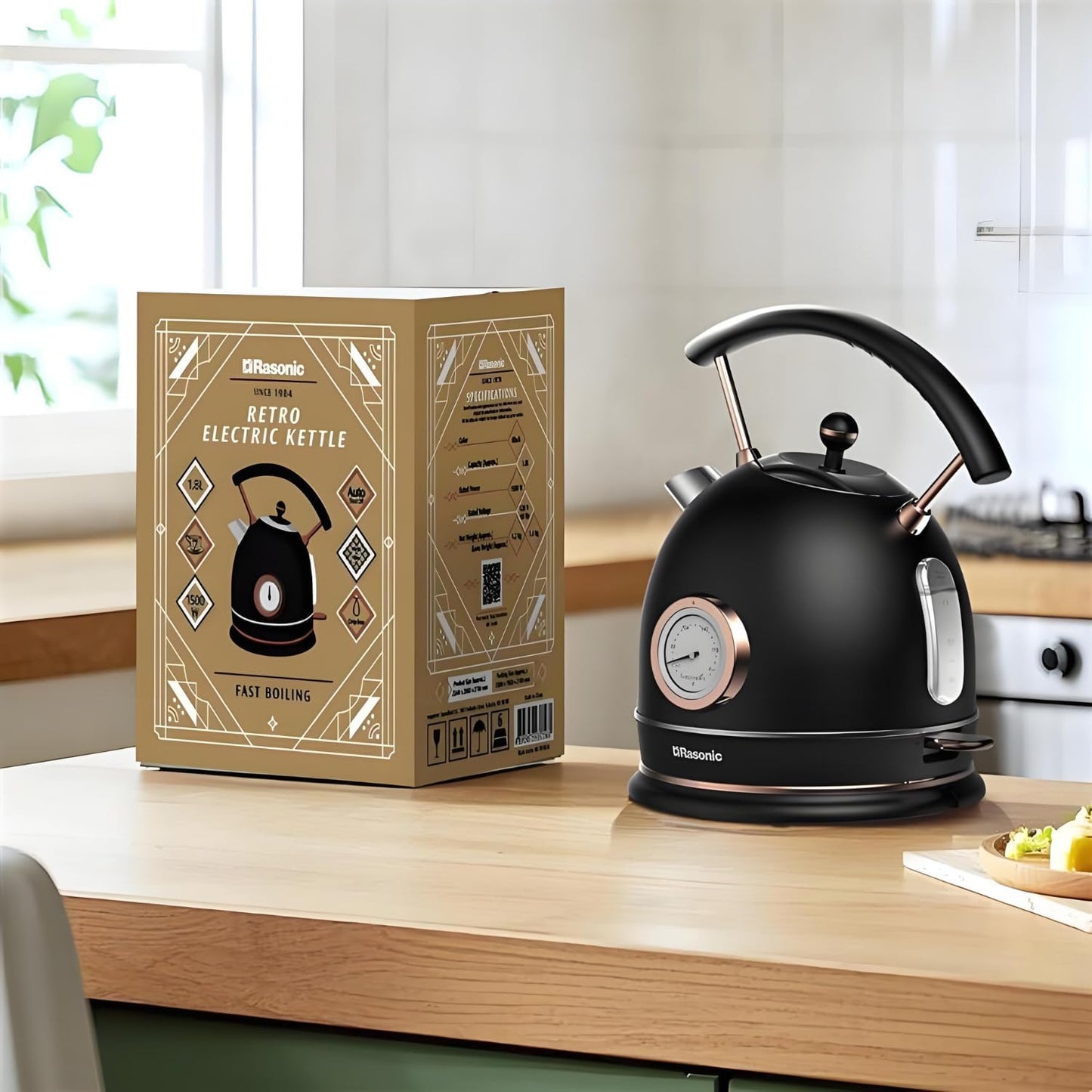 Rasonic Retro Electric Kettle Stainless Steel, 1.8L Tea Water Boiler, 1500W Fast Quiet Boil, Temperature Gauge, Auto Shut-Off, Boil-Dry Protection, Matt Black and Rose Gold