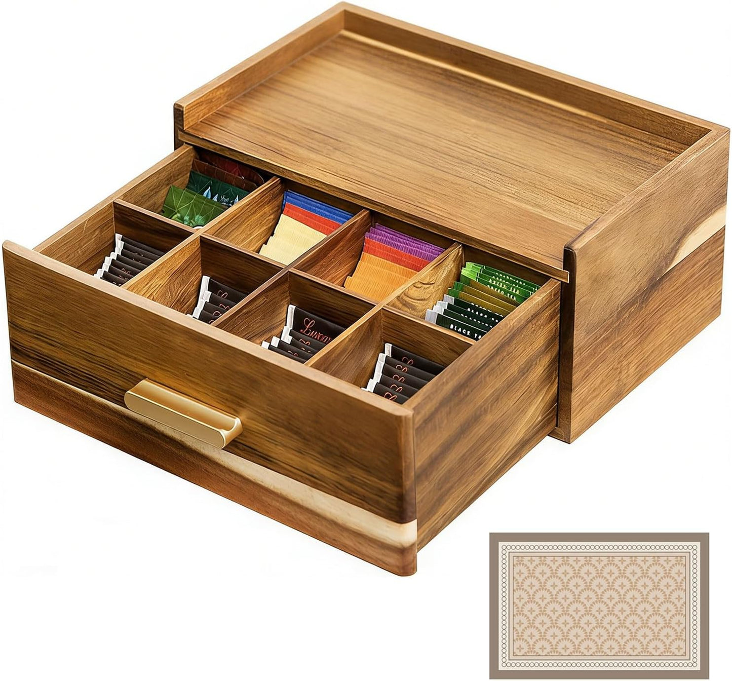 Acacia Wood Tea Bag Organizer with Compartments, Tea packet Storage Boxes & Display Caddy, Multi-Slot Teabag Holder Container Chest for Countertop, Organizador de Té