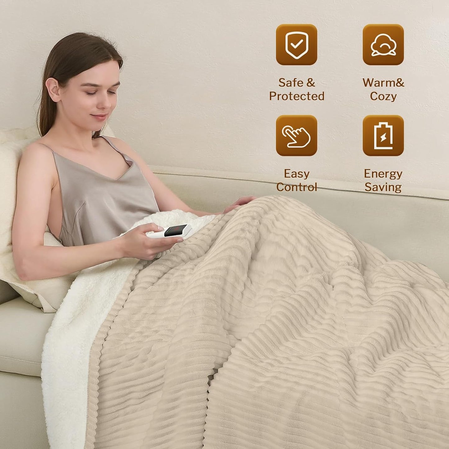 Reaks Electric Heated Throw Blanket, Silky Soft Flannel & Sherpa Heating Blanket Throw with 5 Heat Levels & 3 Hours Auto Off, Warm Gifts for Women Mom Grandma, ETL Certified (50x60 inches, White)