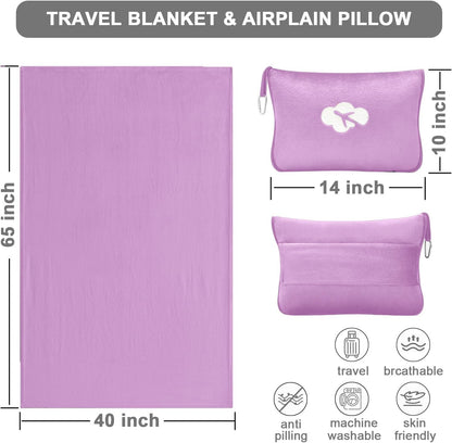 Travel Blanket and Pillow Compact, Premium Soft 2 in 1 Airplane Blanket with Soft Bag Pillowcase，Hand Luggage Sleeve and Backpack Clip (Checkered Black)
