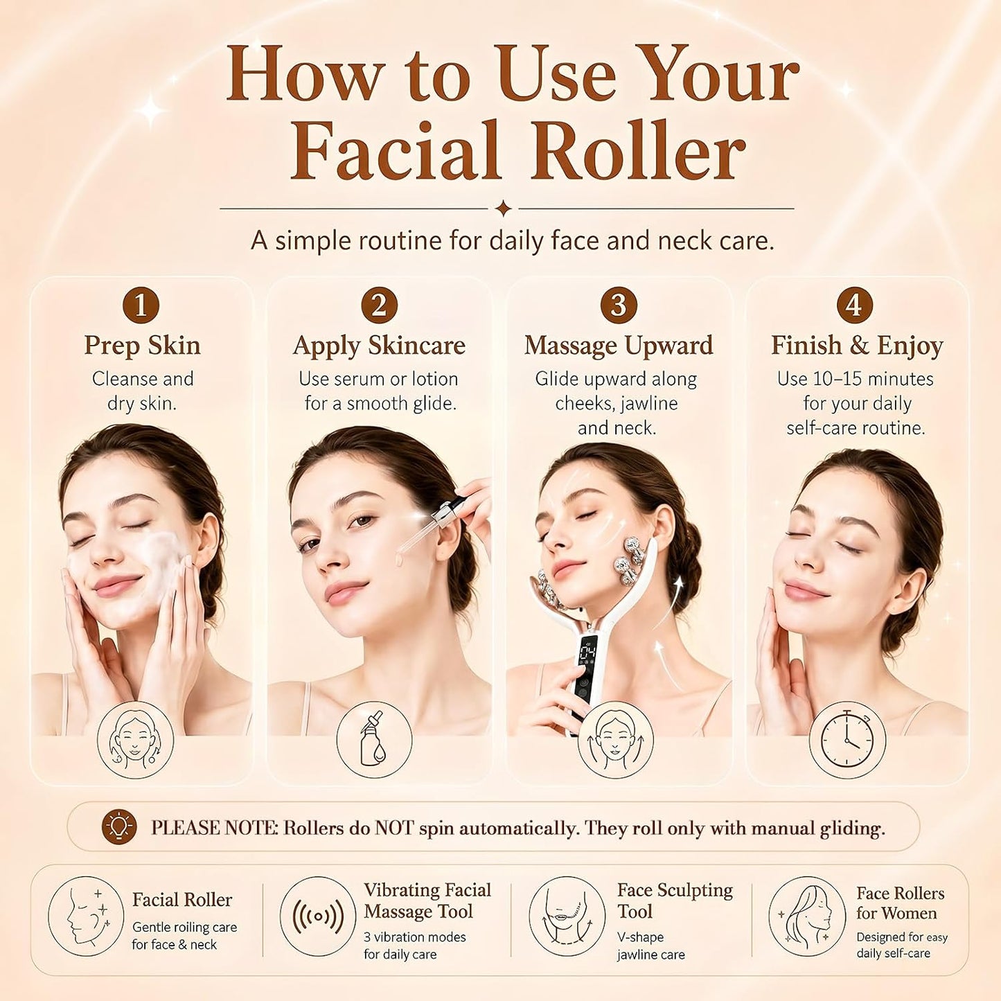 Wireless Face Massager Tool, 8-Roller 3D Face Roller for Women