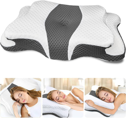 CHxxy Cervical Neck Pillow for Pain Relief Sleeping, Memory Foam Pillows, Ergonomic Side Sleeper Pillows, Cooling Orthopedic Neck Support Pillow for Back Stomach Sleepers-Queen Size Grey&Grey