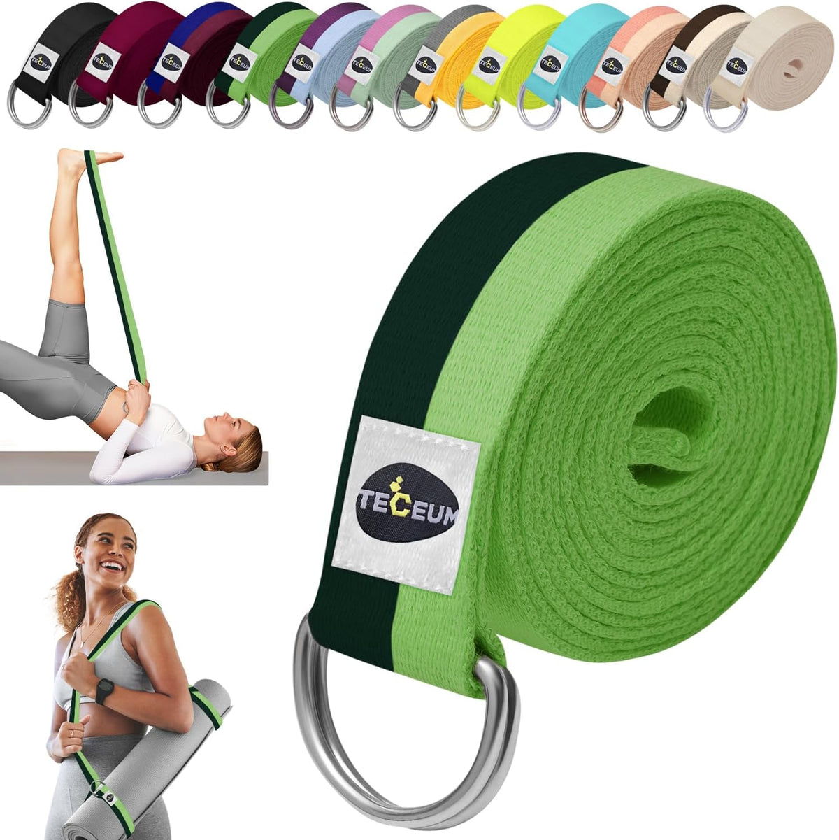 TECEUM 2 IN 1 Yoga & Mat Strap for Stretching – Cotton – 6/8/10 ft