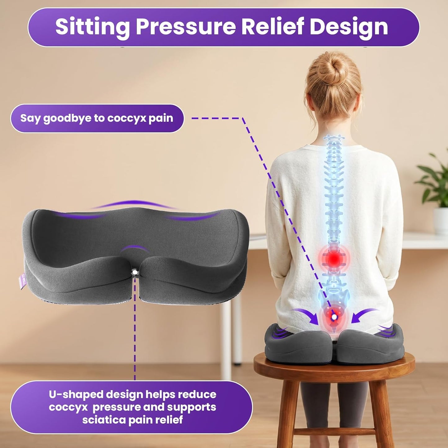 ZZ-WELL Seat Cushion for Office Chairs, Black, 21.2 Inches | Coccyx Cushion for Tailbone Pain, Memory Foam, Extra Large Thick, Patented Pressure Relief, Computer Gaming Chair