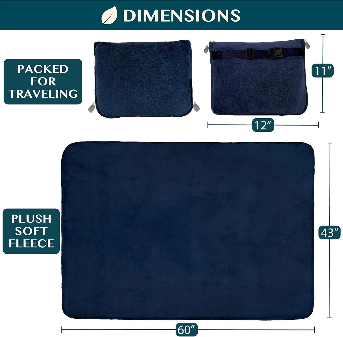 PAVILIA Travel Blanket Pillow, Soft Airplane Blanket 2-IN-1 Combo Set, Plane Blanket Compact Packable, Flight Essentials Car Pillow, Travelers Gifts Accessories Luggage Backpack Strap, 60x43 Teal Blue