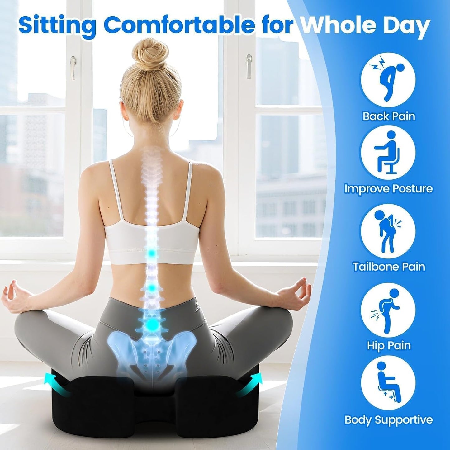 Seat Cushion, Memory Foam Chair Cushions for Tailbone/Sciatica Easing, Chair Pillow with Handles for Car, Office Chair Cushion with Non-Slip Design, Ideal for Post-Surgery Recovery(Black)