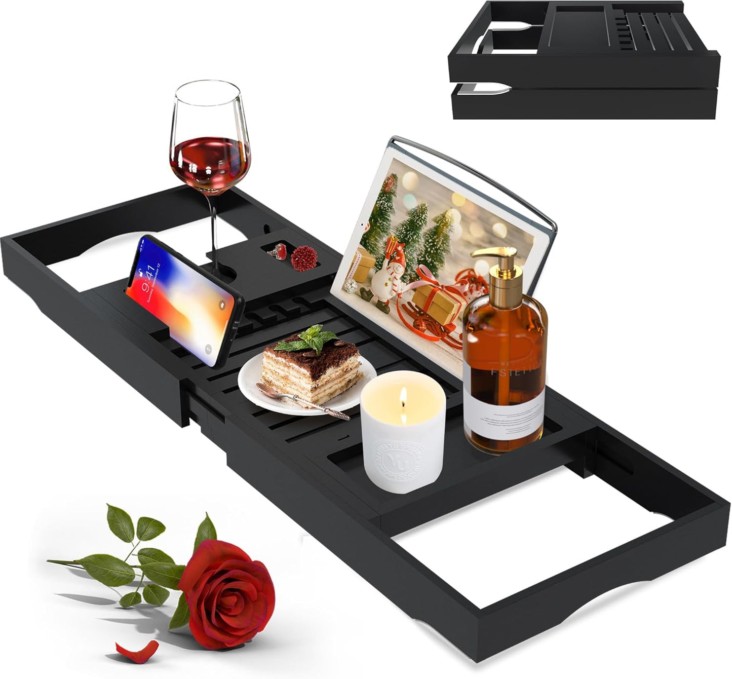 Artmalle Luxury Bathtub Caddy Tray for Tub - Foldable Bamboo Bath Table Tray with Book and Wine Glass Holder, Expandable Bathroom Accessories for Spa or Reading Lite Style