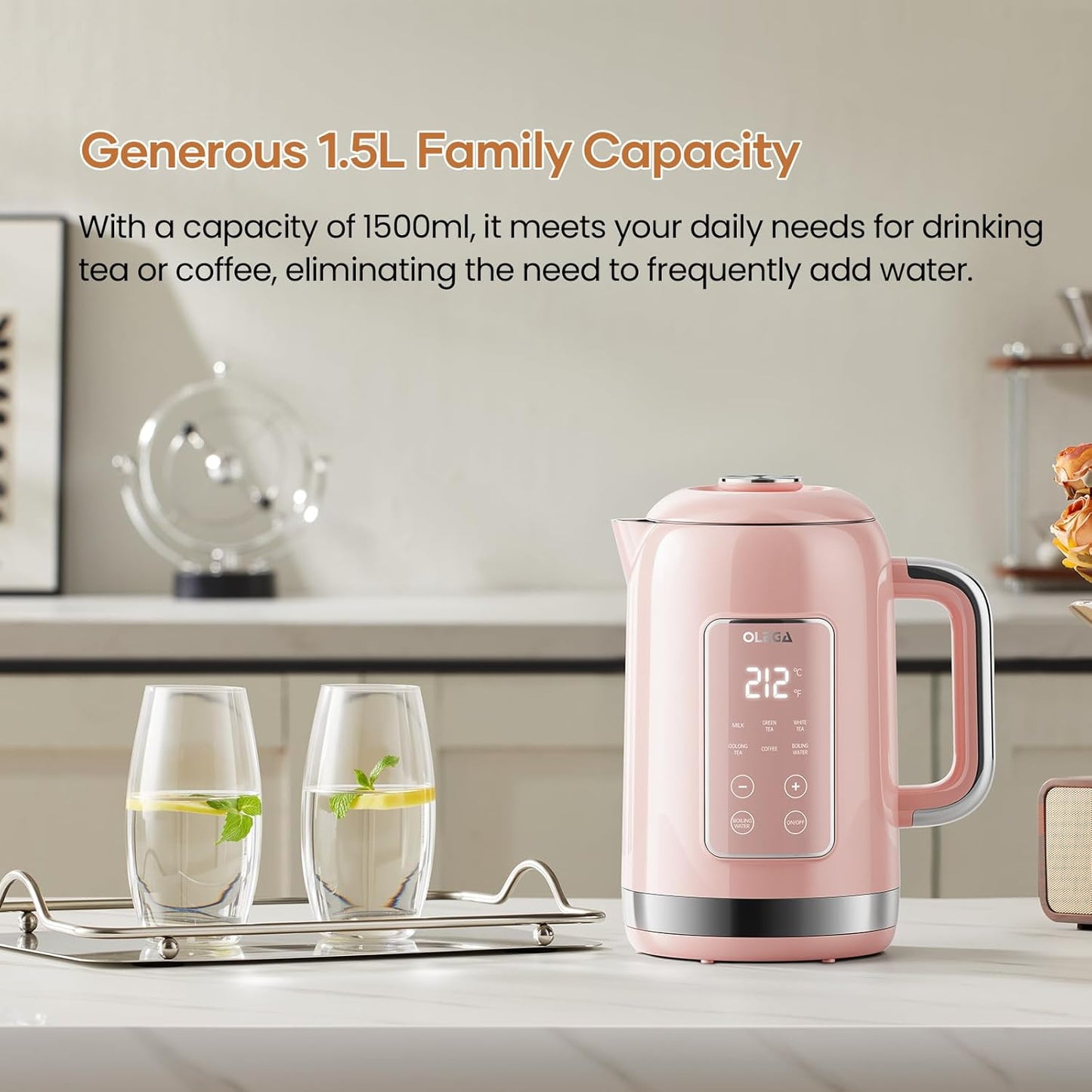 Electric Kettle Temperature Control: OLEGA 1.5L Stainless Steel Smart Kettle Hot Water Boiler, 6 Temp Presets, 1200W Fast Boiling Electric Tea & Coffee Kettle, Electric Kettles Teapot for Home -Green