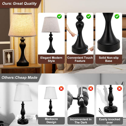 Seealle Touch Lamps for Nightstand - Bedside Lamps Set of 2, 3 Way Dimmable, USB C+A for Bedroom & End Tables (LED Bulbs Included)