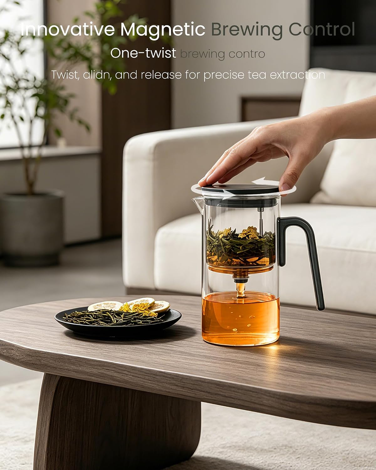 ZENS Magnetic Tea Pot, Enchanted Glass Teapot with Infuser and Magnetic Suction Lid for Mess-Free Loose Tea Diffusers, Walnut Wood Handle, Tea Lovers Gifts