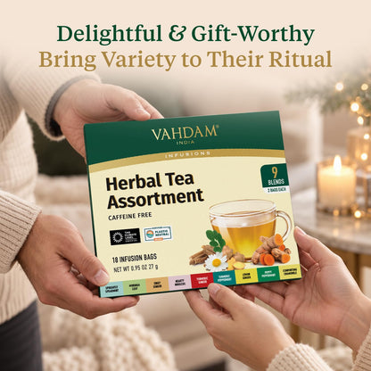 VAHDAM, Assorted Herbal Tea Sampler (18 Tea Bags, 9 Flavors) Caffeine-Free, Non-GMO | Delightful Natural Flavours, Individually Wrapped Tea Bags | Herbal Tea Assortment