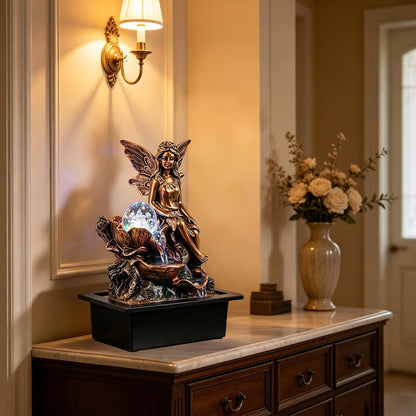 GOESWELL Water Fountain for Indoor Tabletop: Antique Bronze Fairy Statue Tabletop Waterfall with Rotating Crystal Ball for Desk - Small Zen Meditation Decor for Home Office Bedroom Relaxation