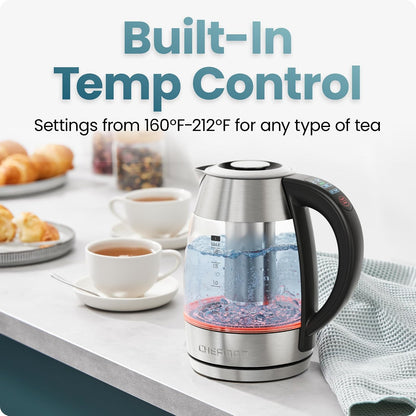 CHEFMAN Electric Kettle - 1.2L 1500W Hot Water Tea Pot with Infuser, BPA Free, Auto Shut Off, Boil-Dry Protection, Removable Lid, LED Light, Cordless Glass Electric Tea Kettle – Stainless Steel