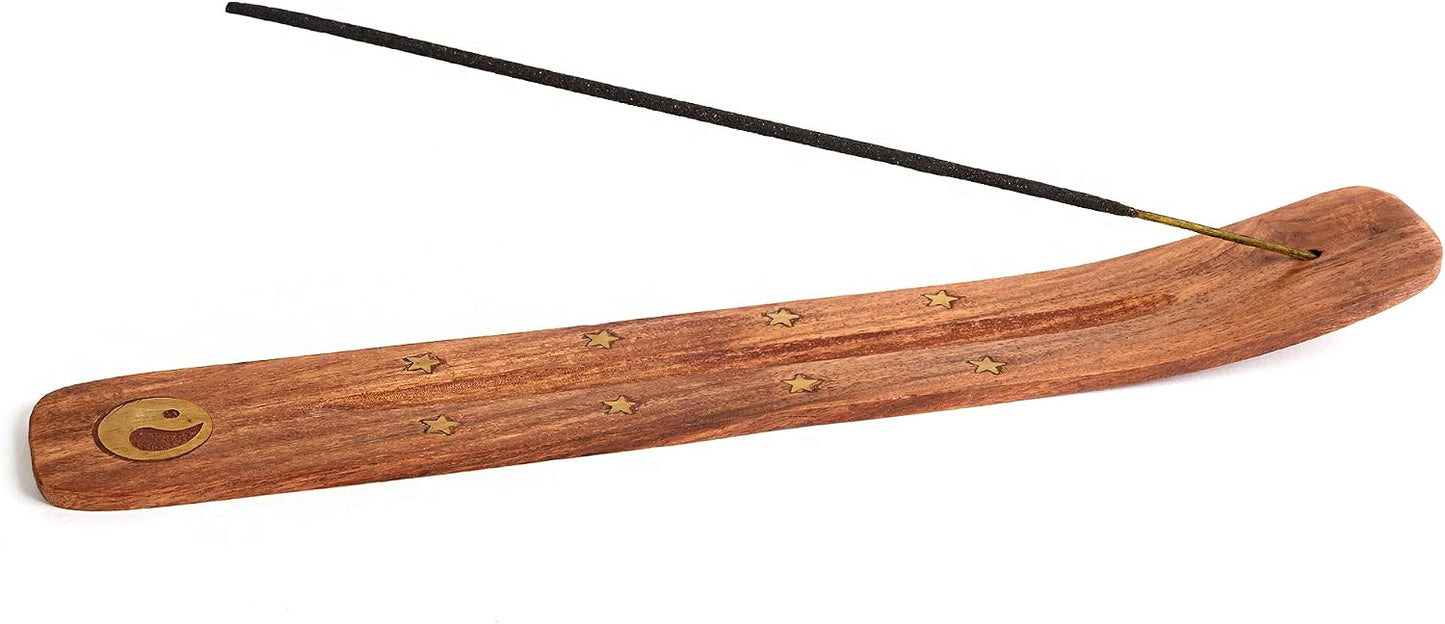 Wooden Incense Holder for Sticks with Inlays of Brass Crescent Moon 10 inches Long
