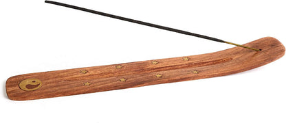 Wooden Incense Holder for Sticks with Inlays of Brass Crescent Moon 10 inches Long