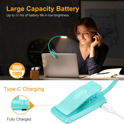 Gritin 9 LED Rechargeable Book Light for Reading in Bed | Eye Caring 3 Color Temps,Stepless Dimming Brightness,80 Hrs Runtime Small Lightweight Clip On Book Reading Light for Studying