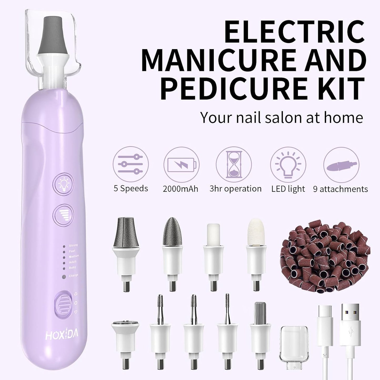 Hoxida Manicure Pedicure Kit, Professional Nail Grinder for Senior Thick Toenail, Cordless Electric Nail File, 5 Speeds Pedicure Tools for feet Callus Remover, Nail Drill for Women Hand Feet Care