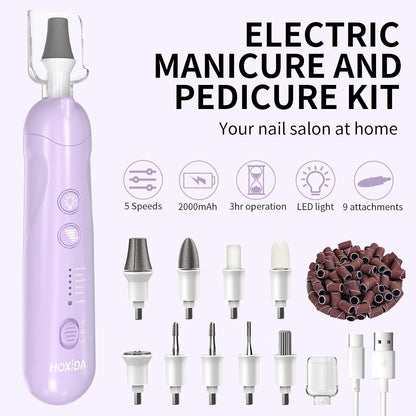 Hoxida Manicure Pedicure Kit, Professional Nail Grinder for Senior Thick Toenail, Cordless Electric Nail File, 5 Speeds Pedicure Tools for feet Callus Remover, Nail Drill for Women Hand Feet Care