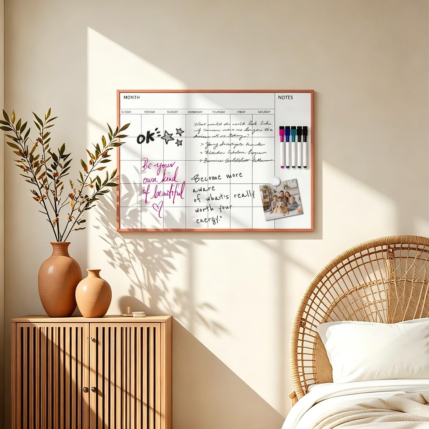 Magnetic Monthly Calendar Whiteboard, 17'' x 13'' Dry Erase Calendar for Wall Office School Home, Gold Wooden Frame