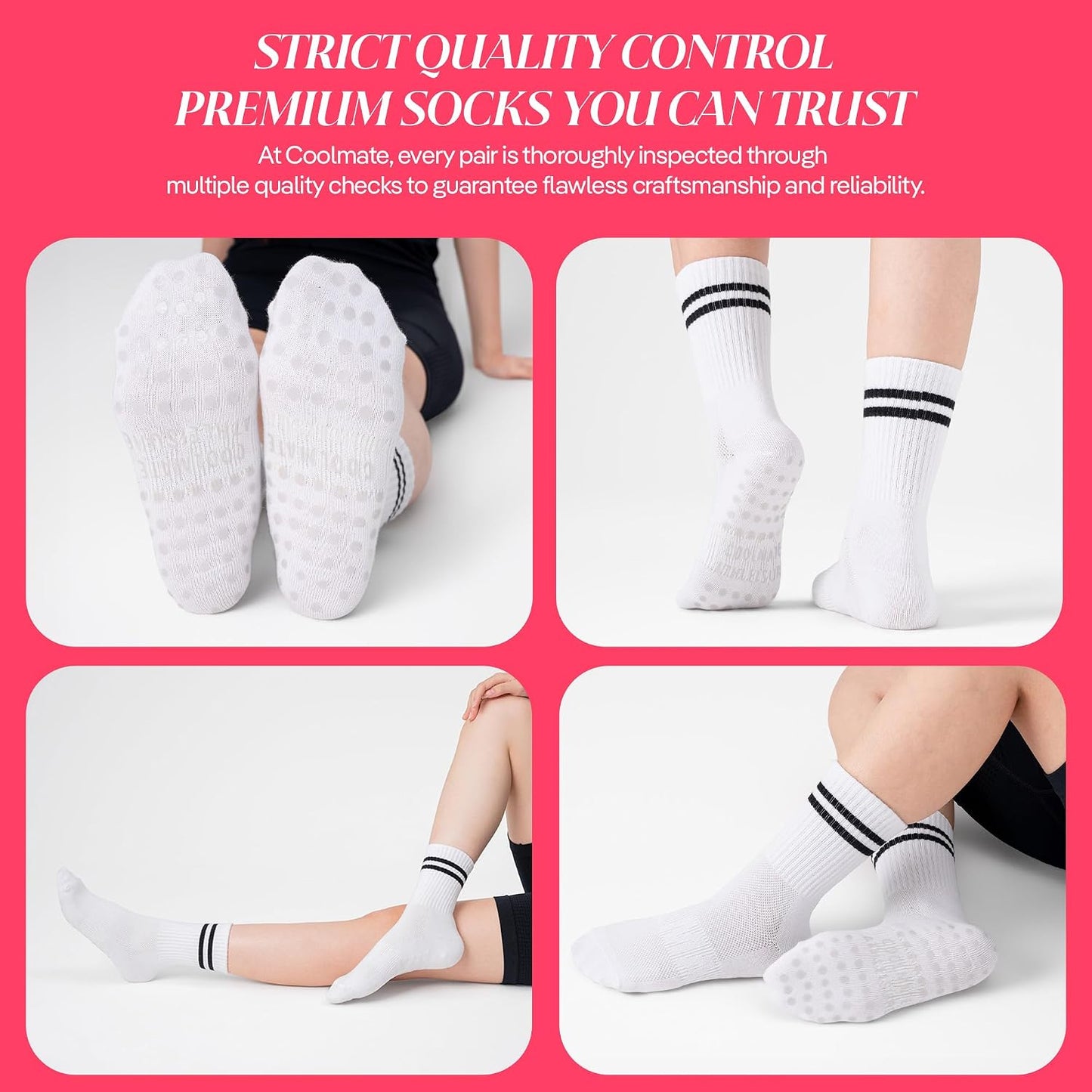 COOLMATE Pilates Socks with Grips for Women, Yoga Socks, Crew Non Slip Women for Barre, Pilates Gifts for Women - Colors A