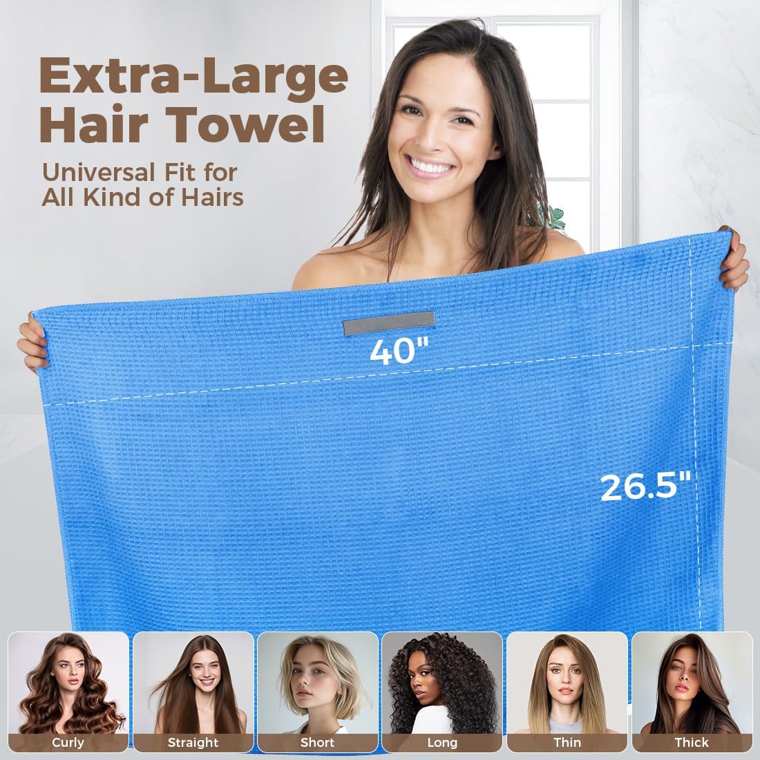 HOMEXCEL 5 Pack Microfiber Hair Towels - 40 x 20 inches Super Soft, Fast Drying Turbans for Long, Thick, Curly Hair - Anti Frizz Wrap with Elastic Strap