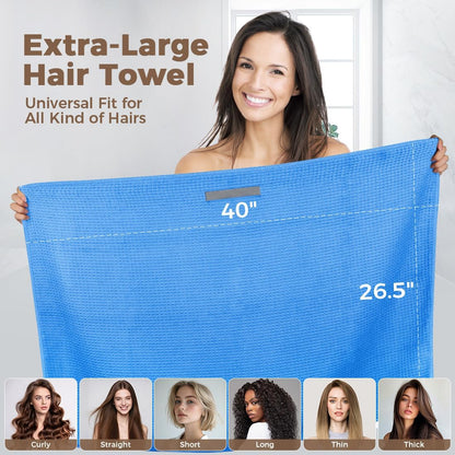 HOMEXCEL 5 Pack Microfiber Hair Towels - 40 x 20 inches Super Soft, Fast Drying Turbans for Long, Thick, Curly Hair - Anti Frizz Wrap with Elastic Strap