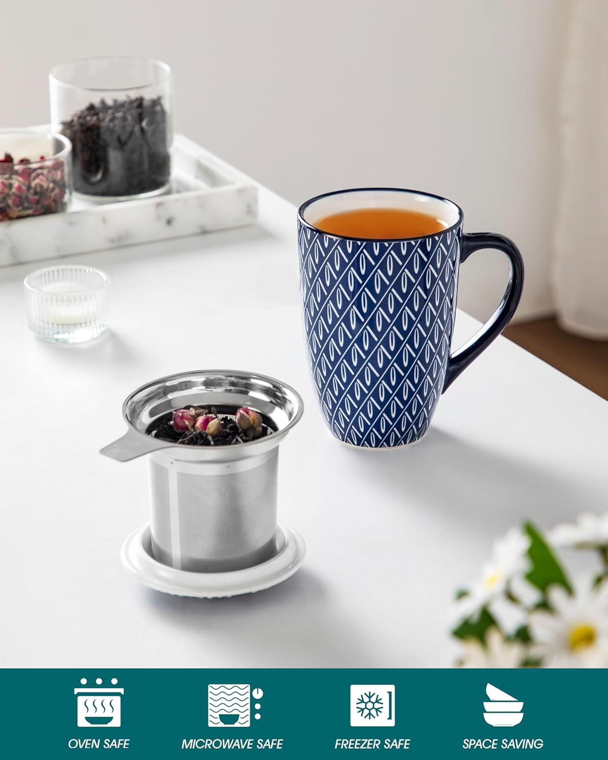 vancasso SELENE Porcelain Tea Mug, 18 oz Porcelain Tea Cup with Infuser and Lid Steeps Loose Leaf Tea, Microwave & Dishwasher Safe, Blossom Cluster
