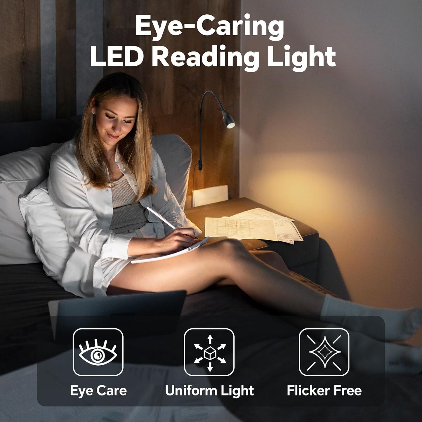 Wall Mounted Reading Light, Minimalist Headboard Mount Book Light, Dimmable LED with Lamp Head Switch Reading Lamp, USB-C Powered, CRI 95+ (4000K + Amber Nightlight) (Black)