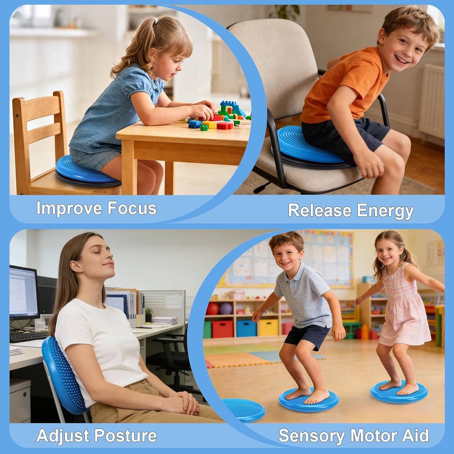 Wiggle Seat Cushion,Fimeetoy Sensory Spinning Chair,ADHD Tools for Kids,Flexible Seating Classroom & Home,Inflatable Wobble Balance Disc-Blue