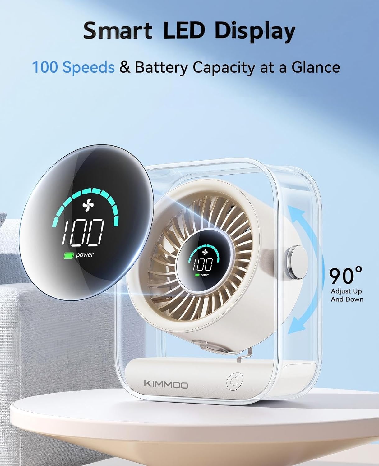 KIMMOO Rechargeable USB Desk Fan, Quiet Table Fan with Turbo Airflow, 100 Speeds, Digital Display, 90° Rotating, Small Battery Desktop Fans for Bedroom Home Office Travel, Black