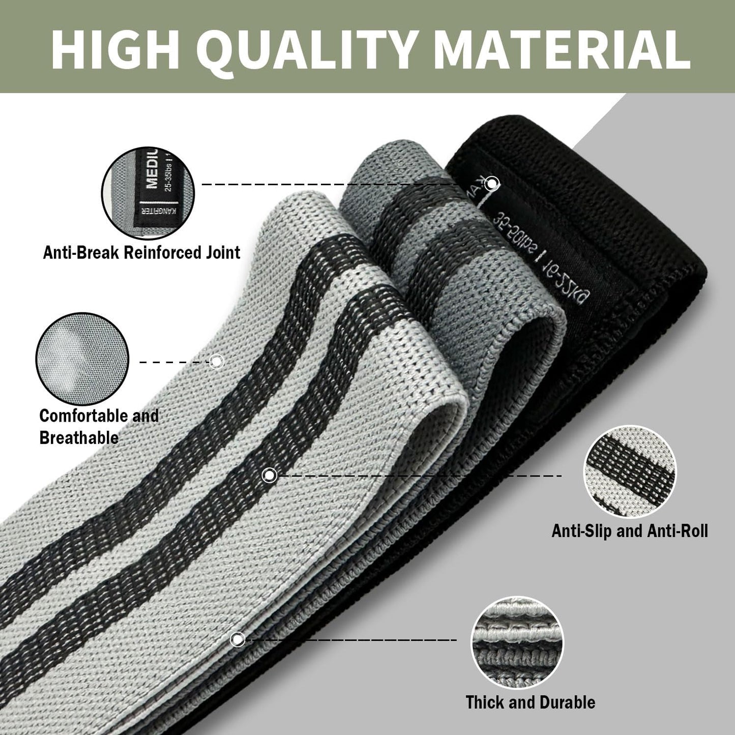 KANGFITER Non-Slip Fabric Resistance Bands for Working Out 3 Levels
