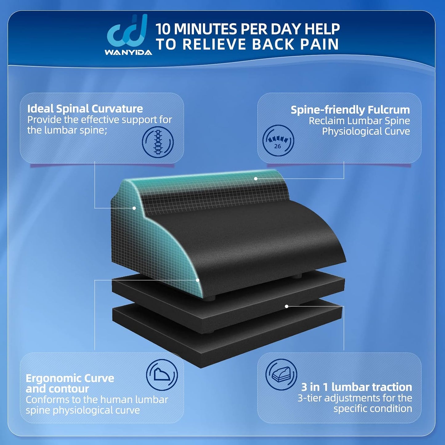 WANYIDA Lumbar Orthotic Traction Roll Device, Lower Back Stretcher for Pain relief, Back Traction for Lumbar Decompression, 3 Height Adjustable Lumbar Stretcher, Chiropractic
