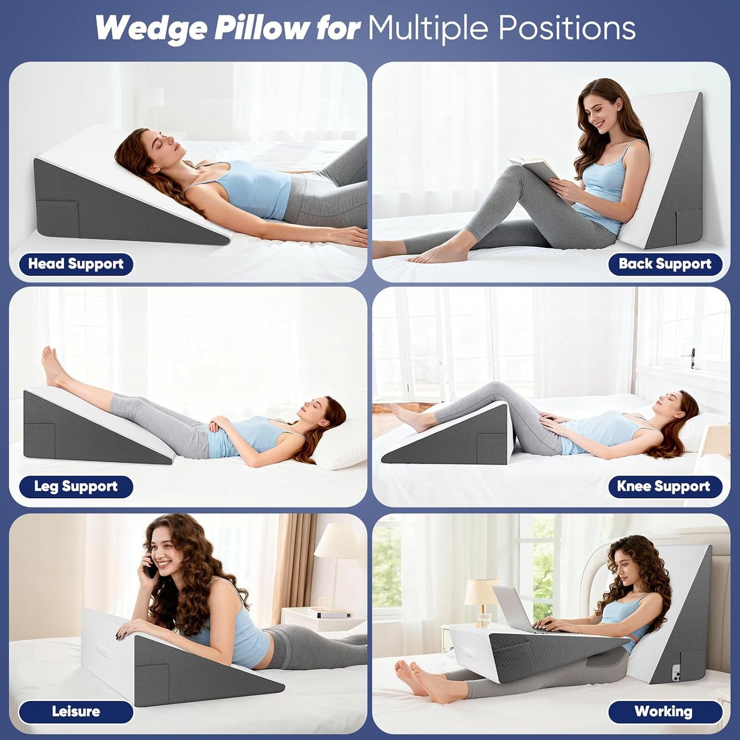 Bed Wedge Pillow for Sleeping & Resting, 8 inch Incline Pillow Wedge for Adults Seniors, Back Support and Leg Elevation, Cooling Memory Foam Top, Ideal for Couch, Bedroom & Living Room