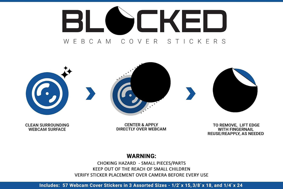 Blocked Original Vinyl Webcam Cover Stickers | Restickable & Stackable Privacy Covers | for All Camera-endable Devices | 3-Sizes | 57 Black Tabbed (Muted Matte)