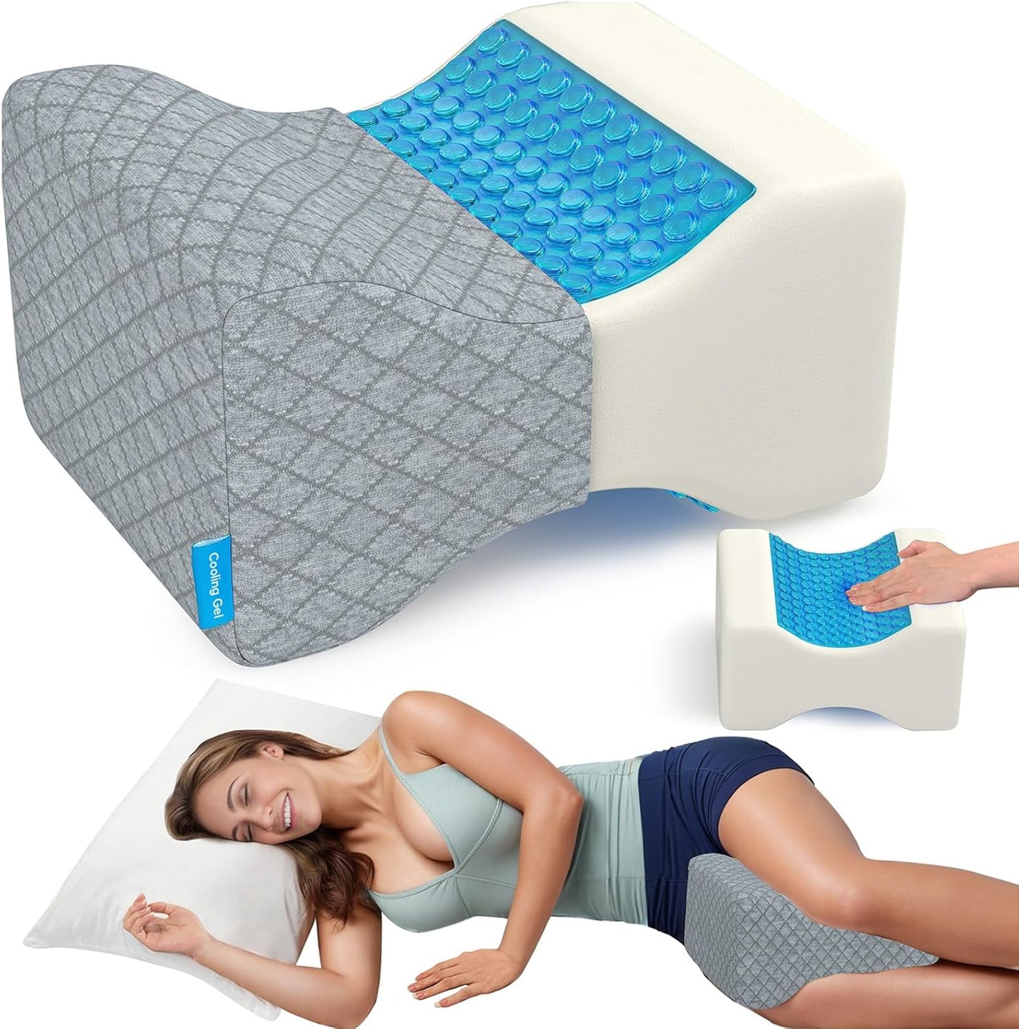 CloudBliss Knee Pillow for Side Sleepers-Cooling Leg Pillow for Side Sleeping, Memory Foam Knee Pillow for Hip Pain, Lower Back Pain, Sciatica Pain, Knee Wedge Pillow with Contour Design, White