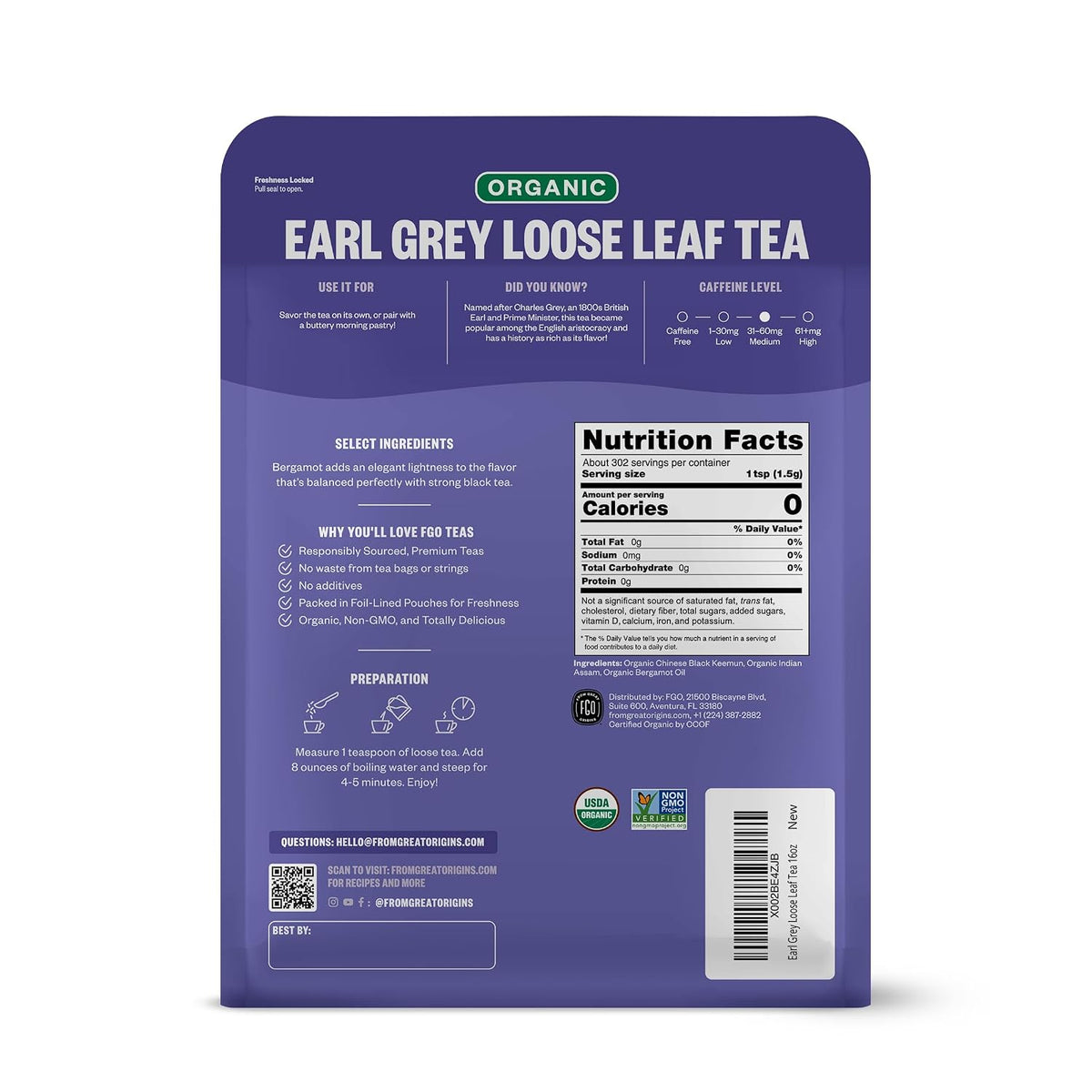 FGO Organic Earl Grey Black Tea, 16 Ounce Loose Leaf Bulk Resealable Bag, 16oz, Packaging May Vary (Pack of 1)