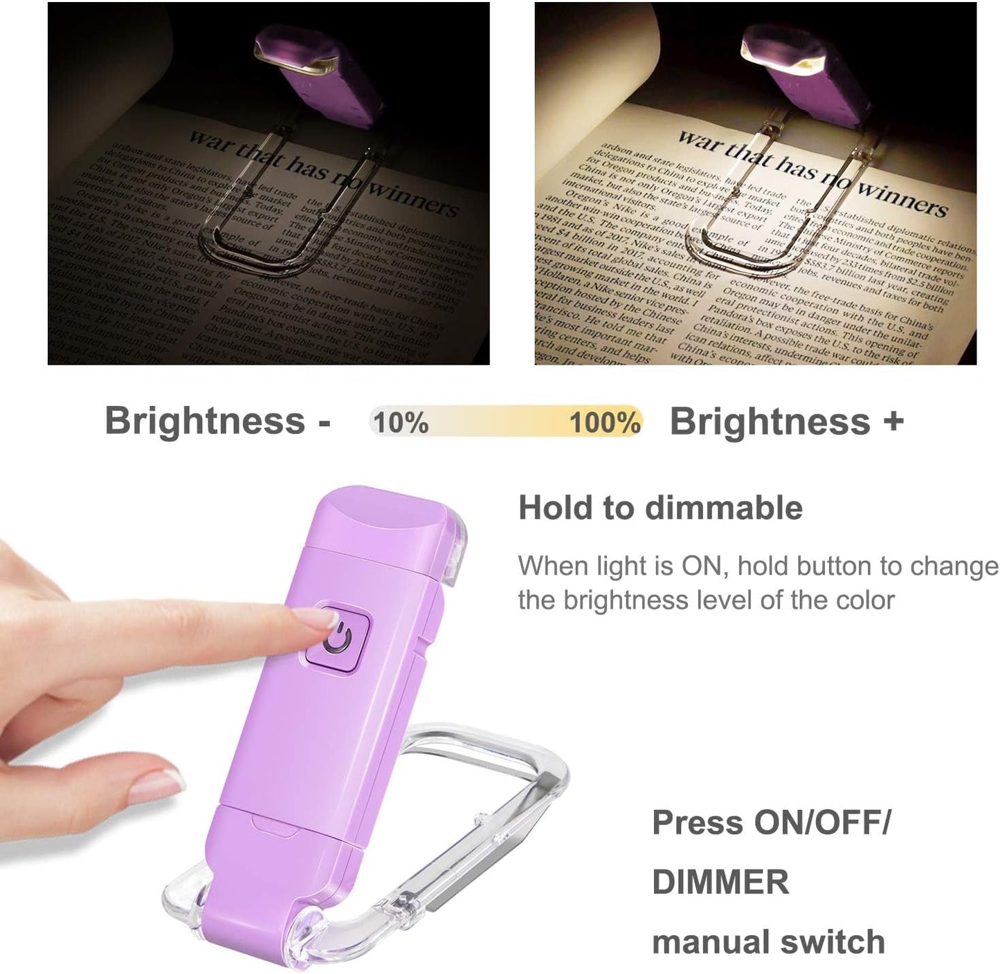 HONWELL Rechargeable Book Light, Clip On LED Reading Lights for Kids Reading in Bed, 3 Brightness Levels Dimmable Bookmark Light for Eye-Protection, Portable Reading Lamp for Bookworms, Travel(Orange)