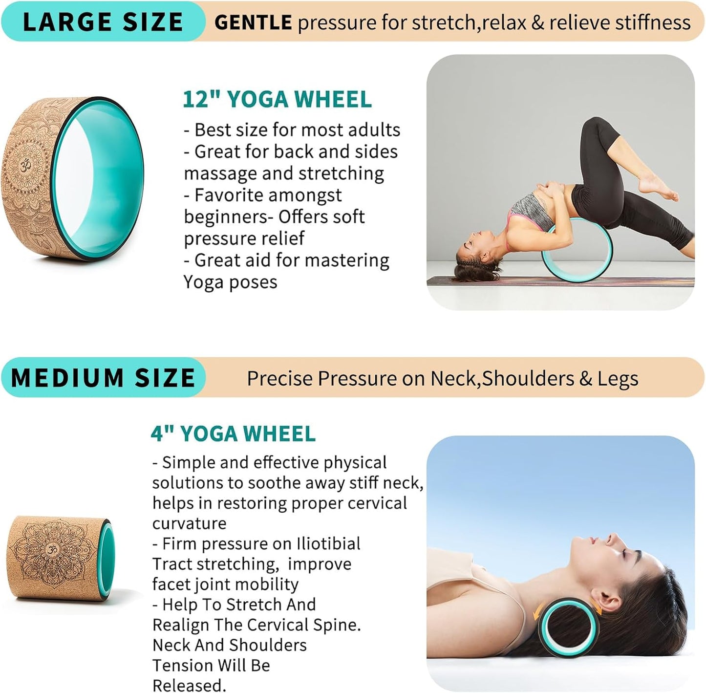 Yoga Wheel Set of 3+1, Upgraded 10MM Thick Back Wheels for Pain Relief & Stretching, Strongest Back Roller for Deep Tissue Massage, Improving Yoga Poses Backbend