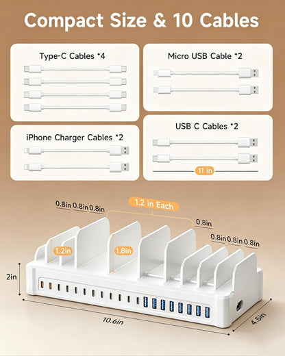 20-Port 600W Moezuti Charging Station for Multiple Devices with 10 Cables