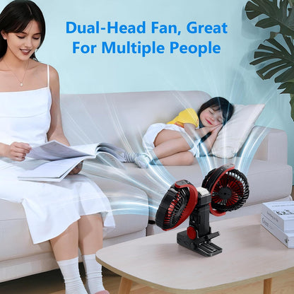 Dual Head Clip on Fan Battery Powered with Light,Portable USB Rechargeable Powerful Desk Table Fans,360°Rotation Cooling Clamp Fans for Car,Golf Cart,Treadmill,Kitchen,Outdoor Travel Camping(Black)