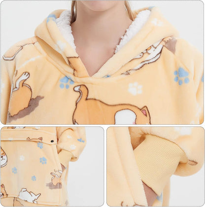 KFUBUO Wearable Blanket Hoodie for Adults Sherpa All Patterns Cat Oversized Sweatshirt Blanket with Pockets for Women