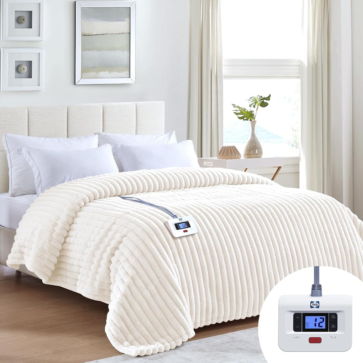 Sealy Electric Blanket Throw Size 50"*60",Super Cozy Faux Fur to Sherpa Reversible Heated Blanket Throw with 6 Heating Levels & 2-10 Hours Auto Off Overheating Protection Machine Washable,Blue White